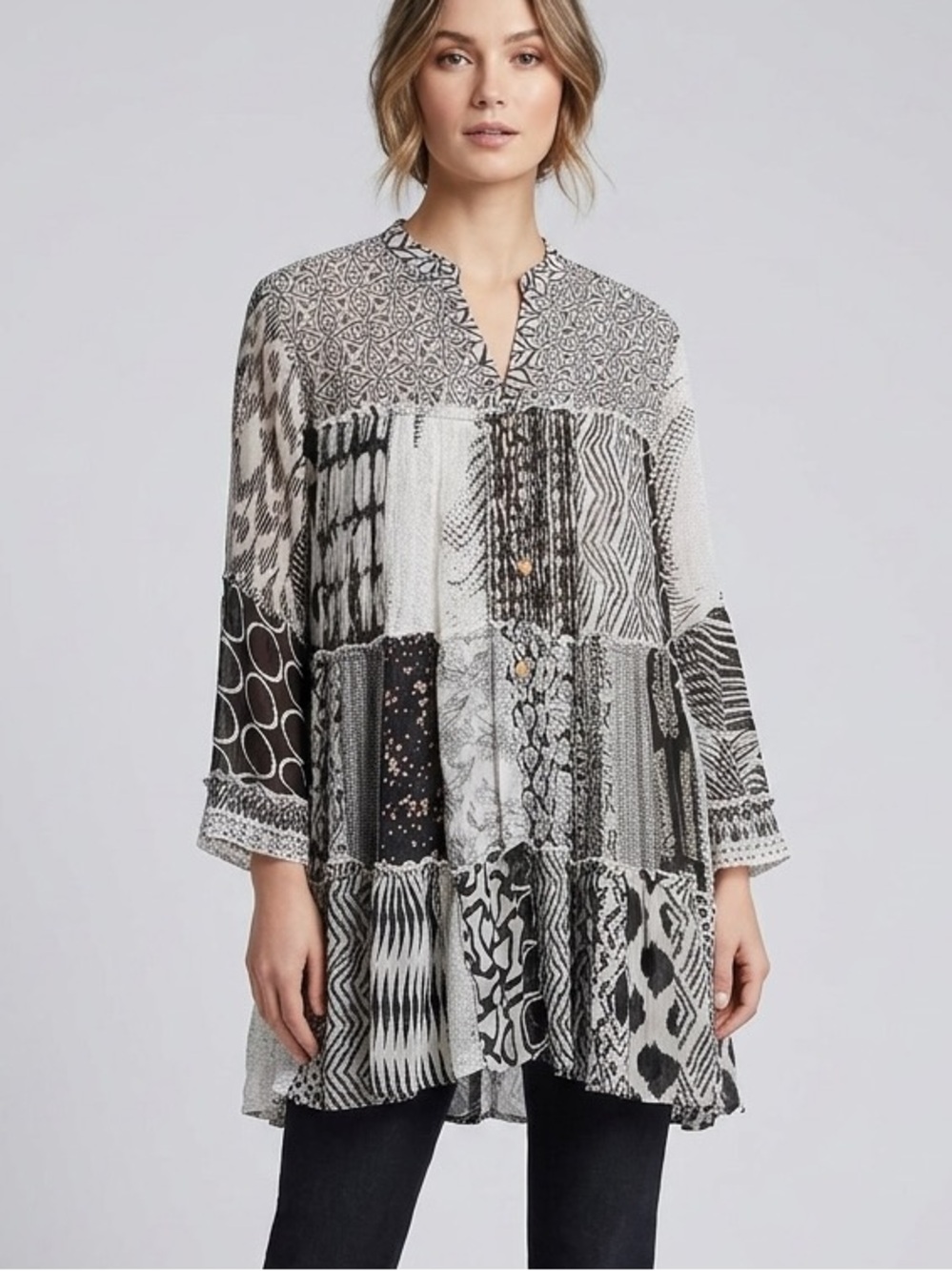 “The Lordes” Mixed Print Tiered Tunic Top - Black & White